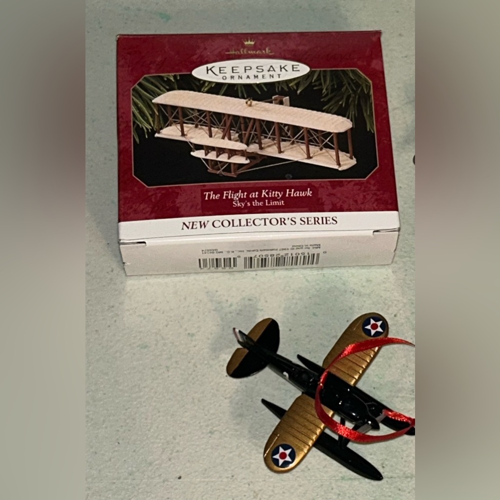 2 Hallmark Ornaments 1999 Sky's the Limit Airplane 1997 The Flight At Kitty Hawk